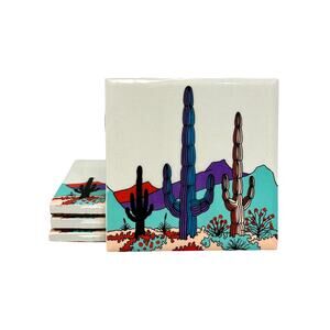 Set of 4 Colorful Desert Cactus Ceramic Tile Coaster Southwestern Boho Cork Back